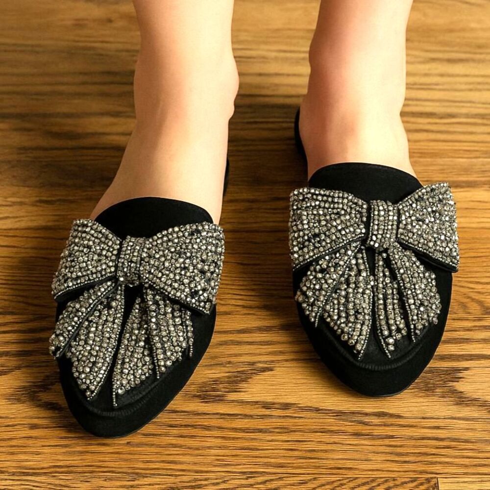 INC Black Silver Bling Bow Flat Gannie Slip On Mule Sandals Shoes Women's Size 5